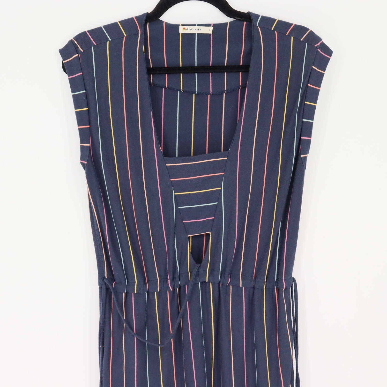 Marine Layer Roxanne Navy Striped Maxi Dress Size S Sleeveless Drawstring Slit