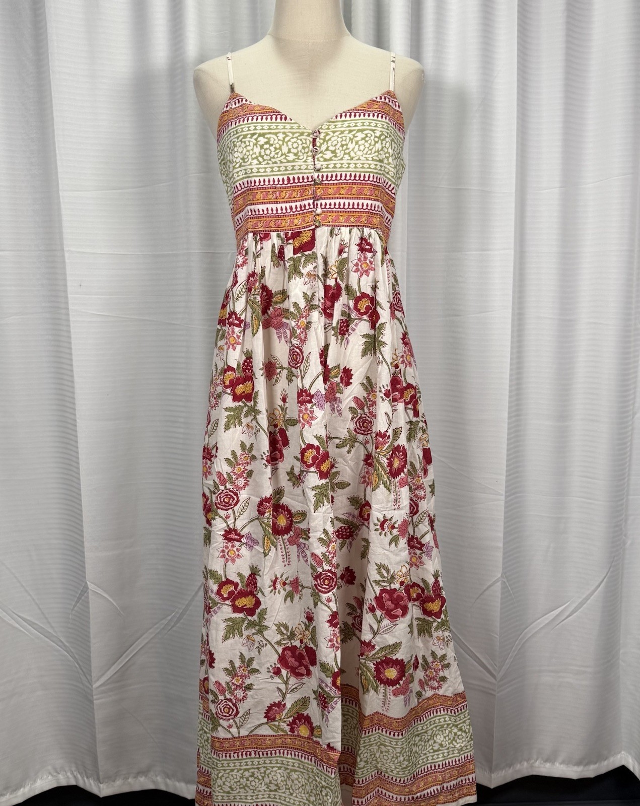 ANOKHI Floral Hand Block Print Indian Cotton Maxi Dress Boho A-line Sz M Cottage