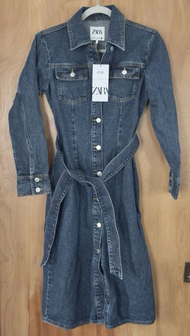 Zara The Doro Denim Shirt Dress Front Pockets Buttons Medium Dark Wash XS NWT