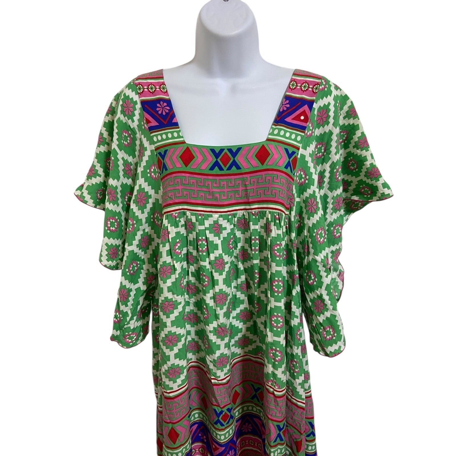 Feather & Find Boho Luxe 100% Bamboo Green Geometric Print Mini Dress M Bali