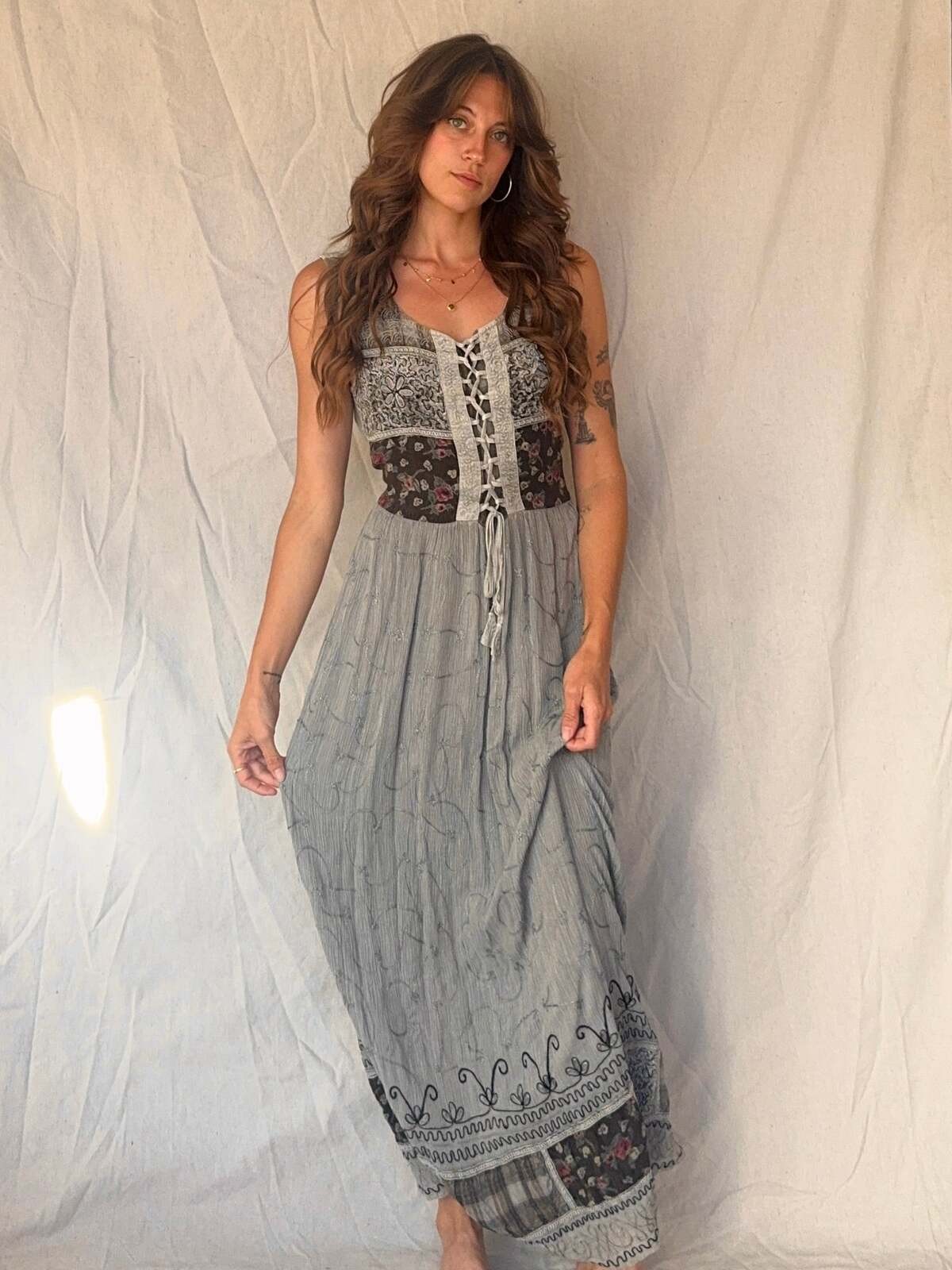 90s Grey Patchwork Whimsigoth Embroidered Fairy Maxi Dress