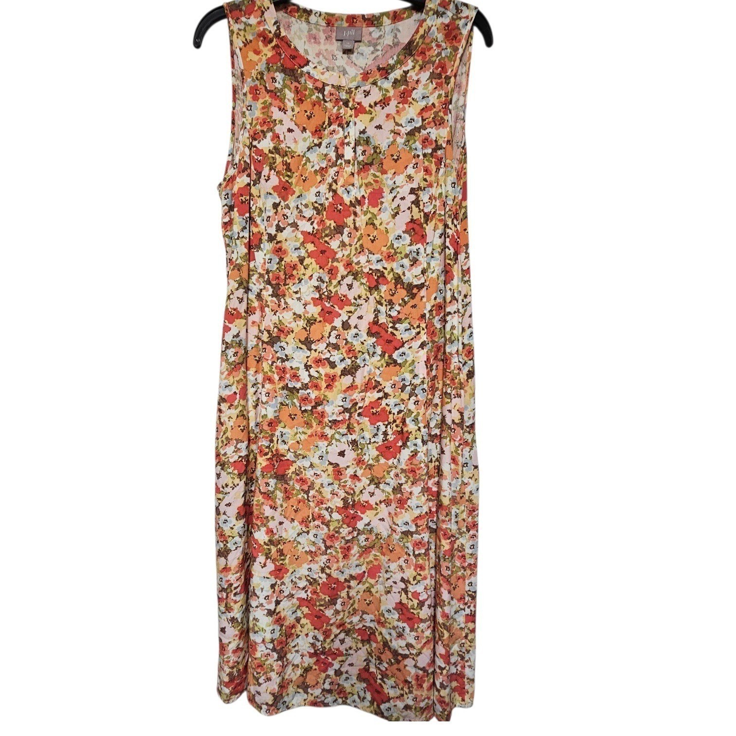 J. Jill Floral Sleeveless Dress Womens 14 Orange Pink Rayon Midi RN97641