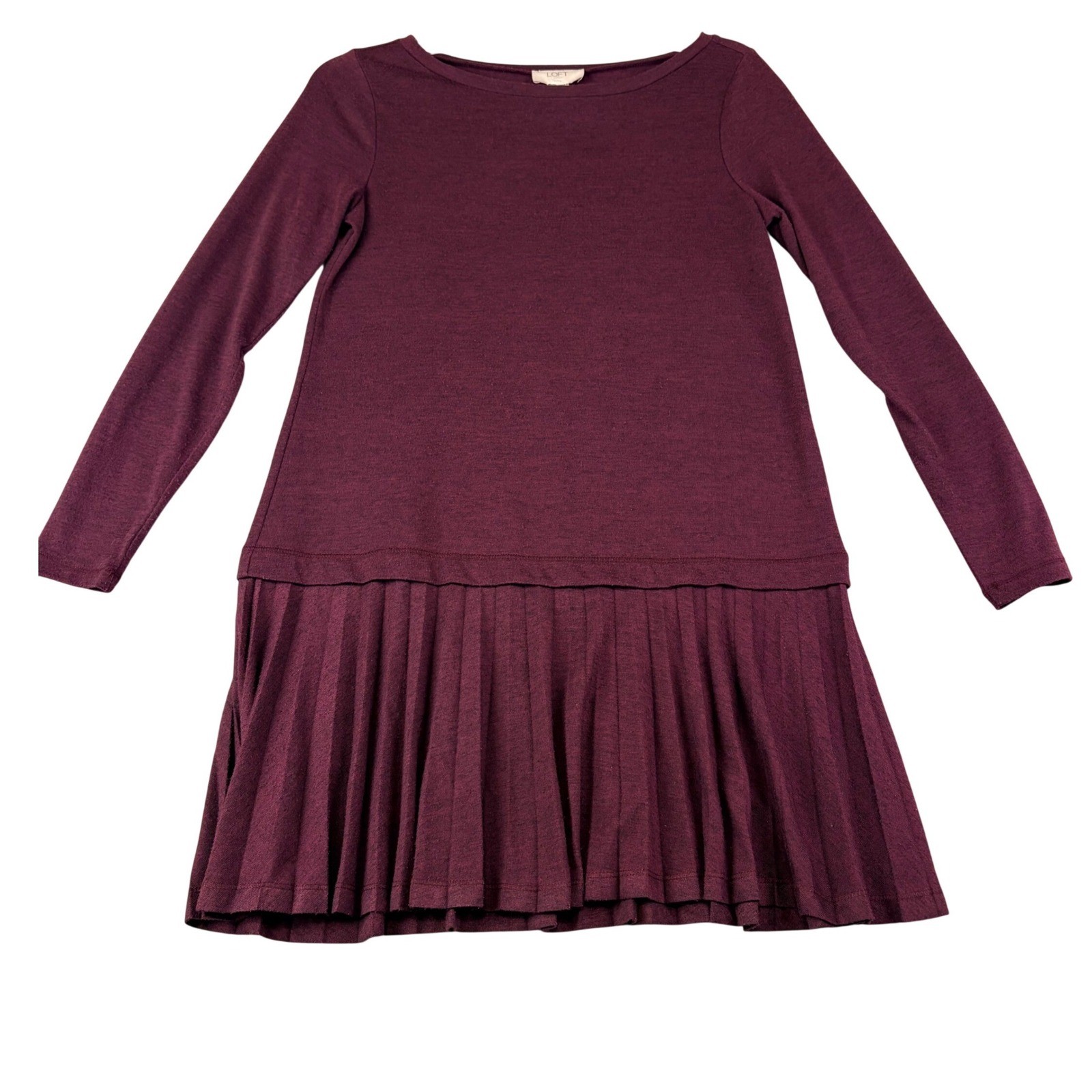 Loft Womens XSP Burgundy Drop Waist Knit Dress Pleated Skirt Long Sleeve Preppy