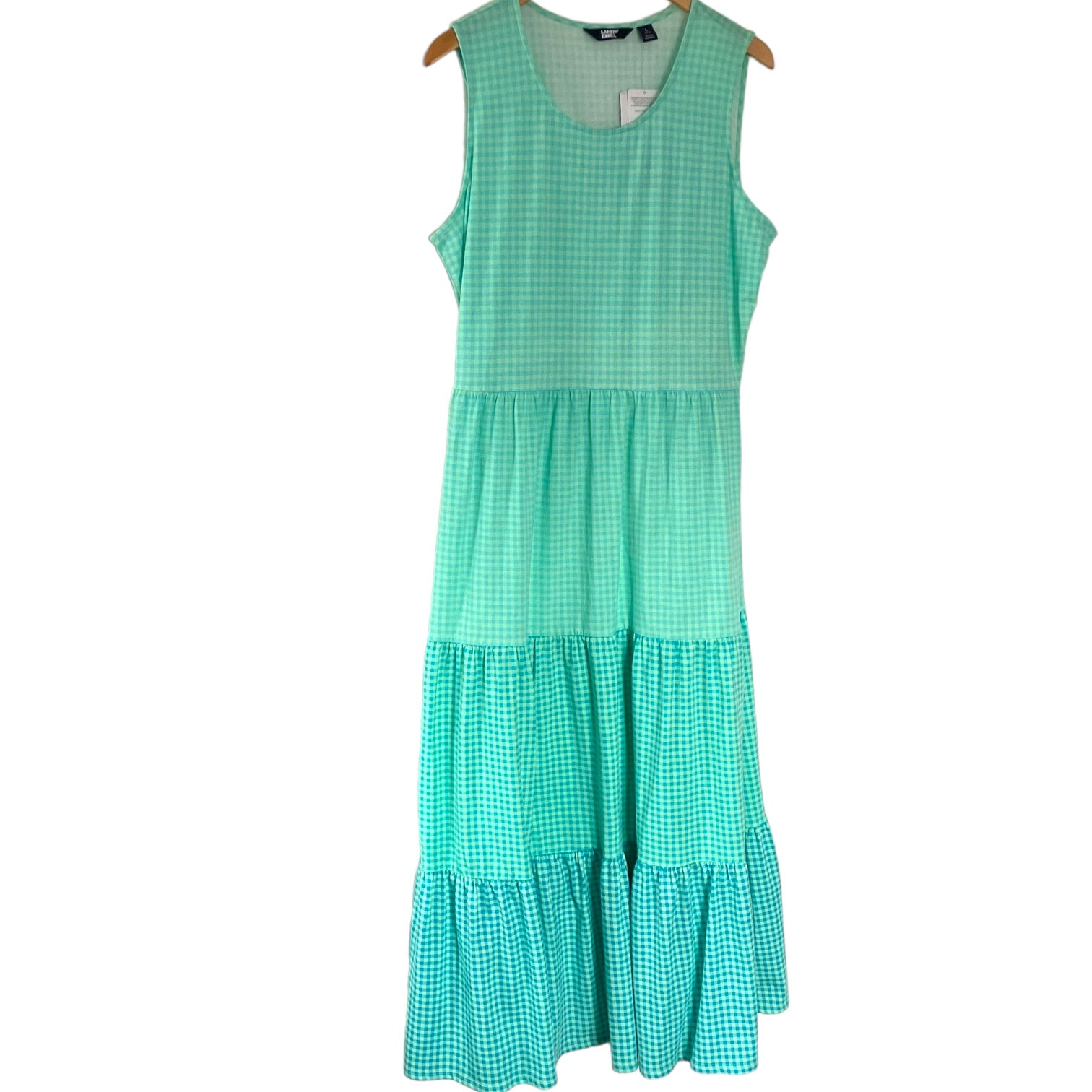 Lands End Tiered Maxi Dress Large L 14/16 Green Ombre Gingham Plaid Sleeveless