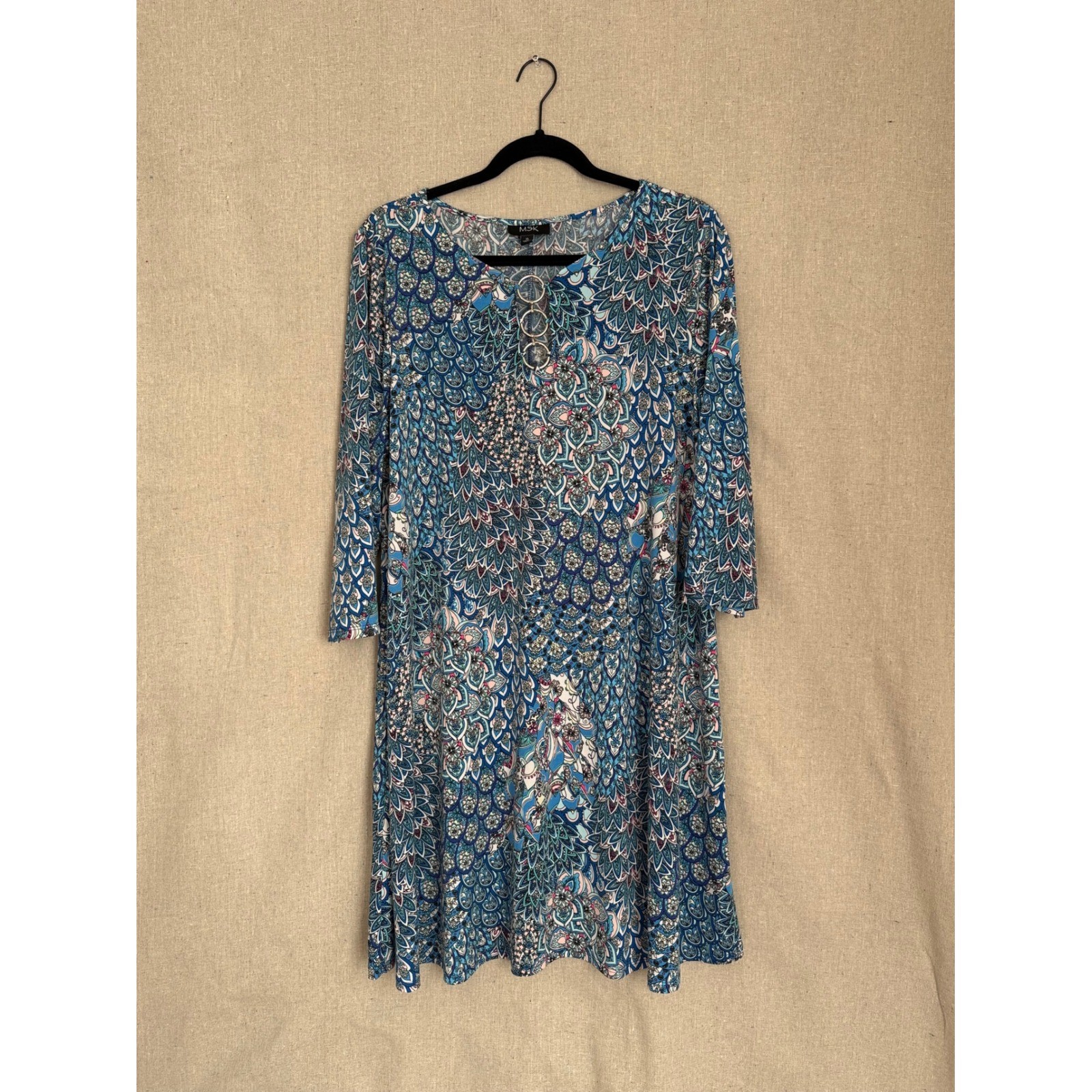 MSK Blue Peacock Paisley Print 3/4 Sleeve Keyhole Ring Shift Dress XL