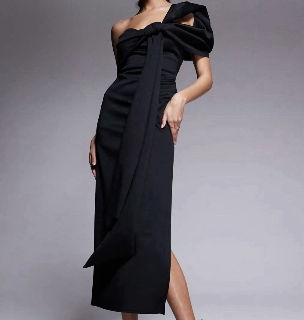 ASOS DESIGN Off Shoulder Bow Detail Black Midi Dress In Scuba-style Size 14