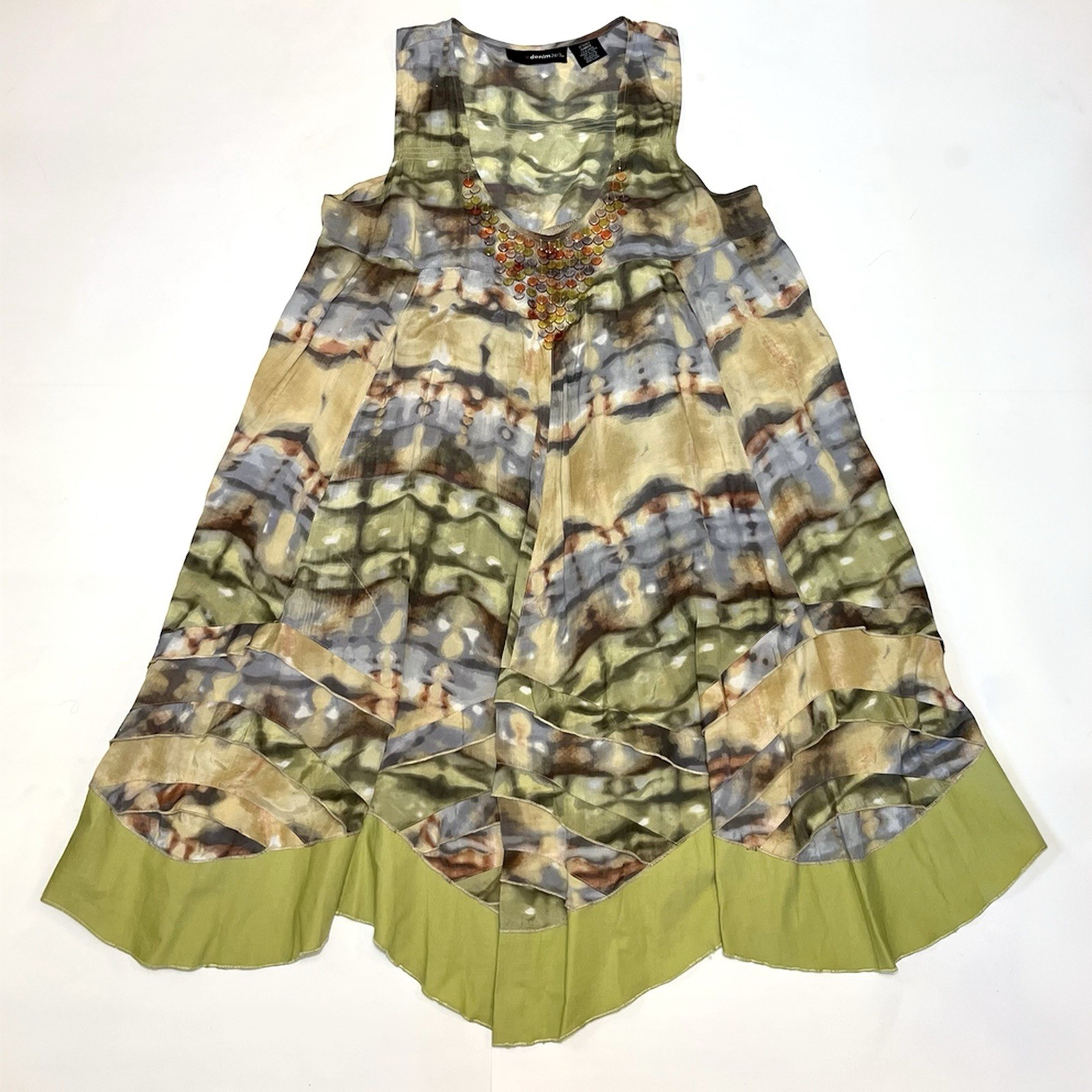 VTG Denim 24/7 Dress 18W Sunrise Green Bohemian Beaded Handkerchief Hem Y2K