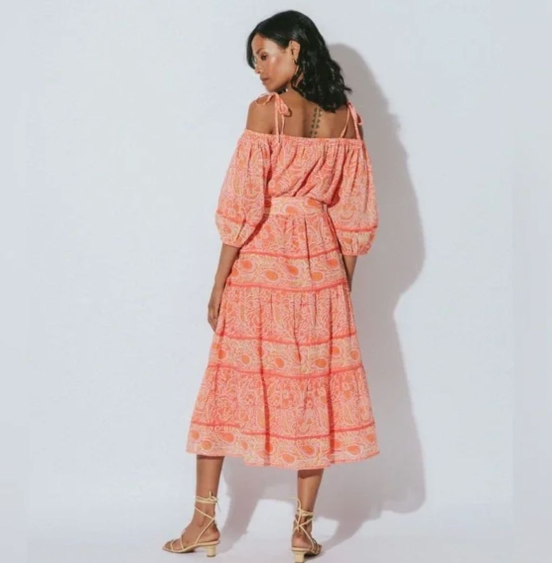 Cleobella Violet Midi Dress Blossom Floral Block Print Orange Peach Pink Medium