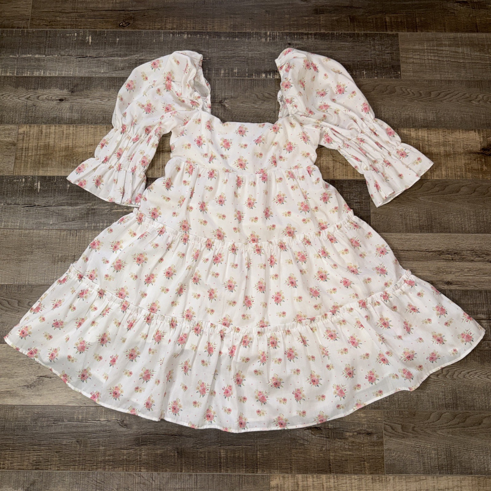 Storia White And Pink Floral 3/4 Ruffle Sleeve Tired Mini Dress Size S Cottage🔥