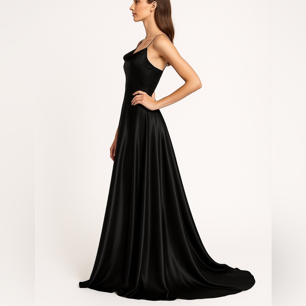 Black Satin Spaghetti Strap Evening Gown Long Dress w/ Slit Trailing Hem Size S