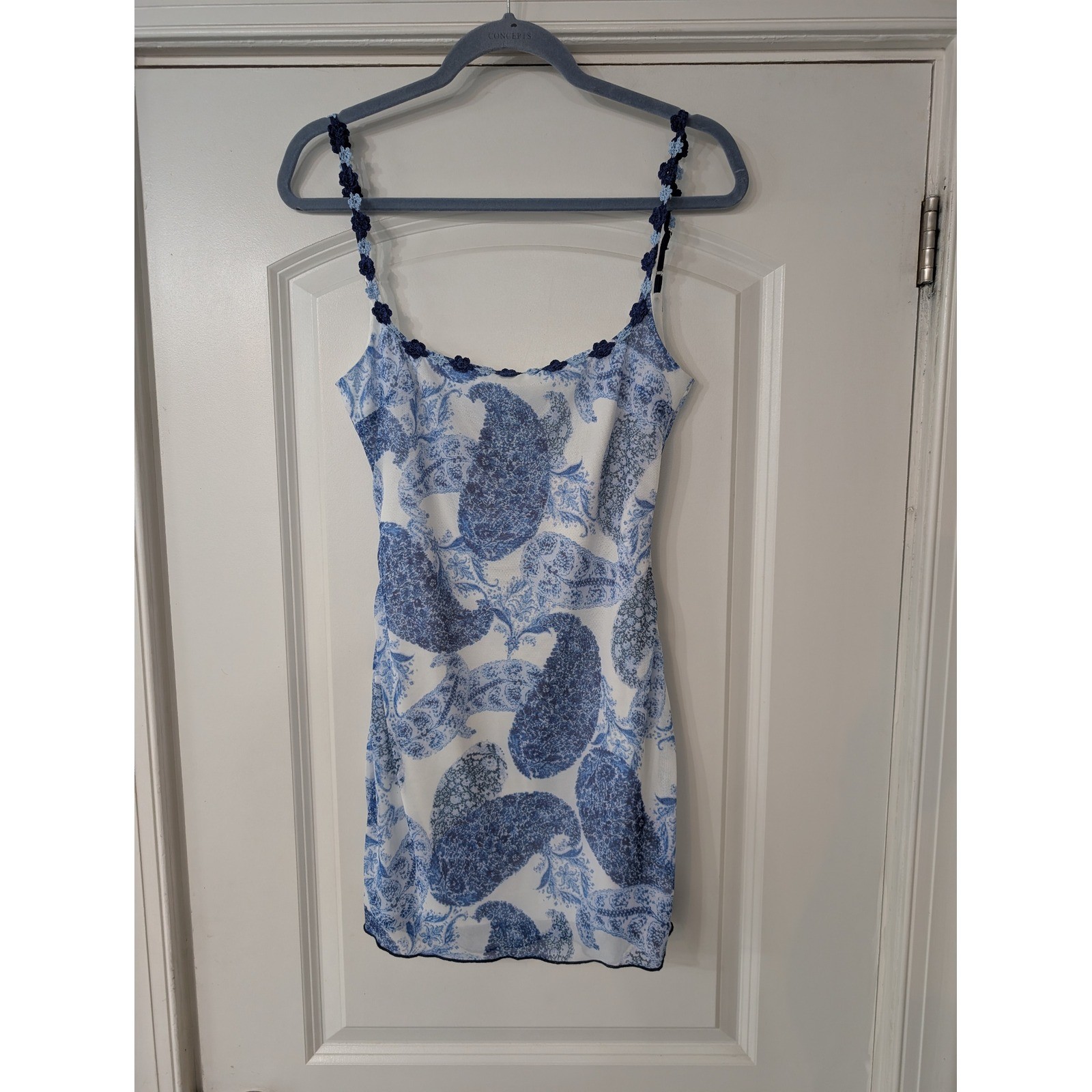 Lucy In The Sky Blue Paisley Mesh Mini Dress Floral Crochet Straps Medium girly