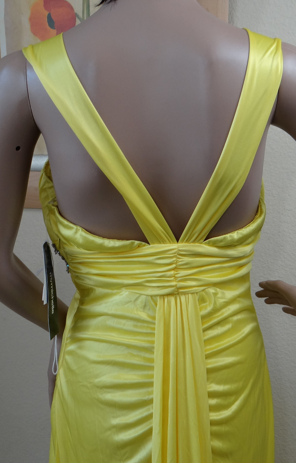 NEW W DEFECT MY MICHELLE wide strap yellow bead sweep train prom dress,jr 5,9