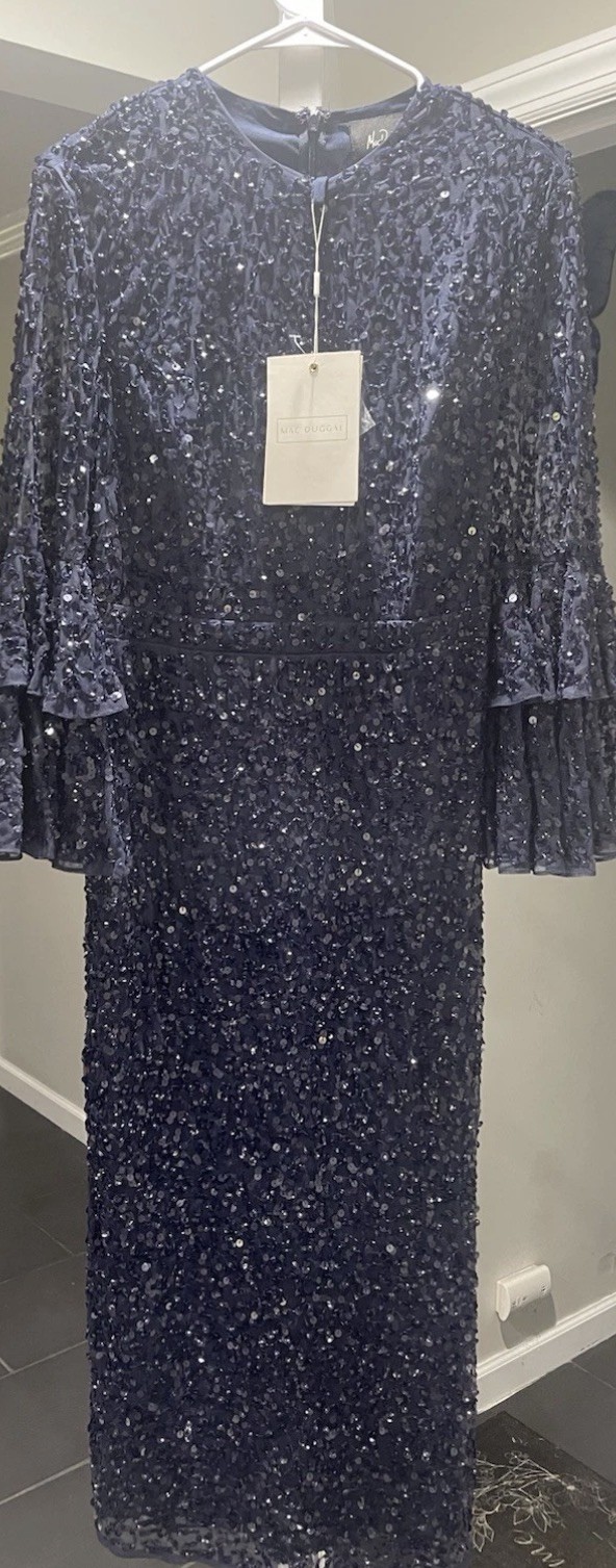 MAC DUGGAL 10802 SEQUINED RUFFLED TIERED 3/4 BELL SLEEVE MIDI NAVY DRESS 10