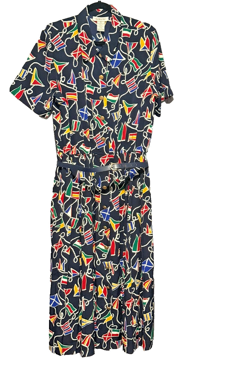 Talbots Nautical Theme Flag Rope Navy Button-Down Dress w/ Matching Belt Size 16