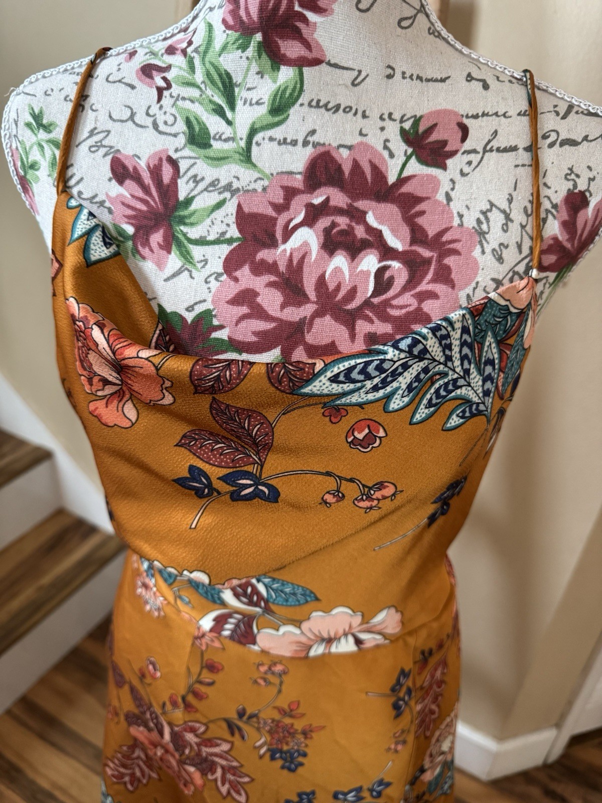 Selfie Leslie Floral Satin Slip Maxi Dress Cowl Neck Side Slit Brown 10