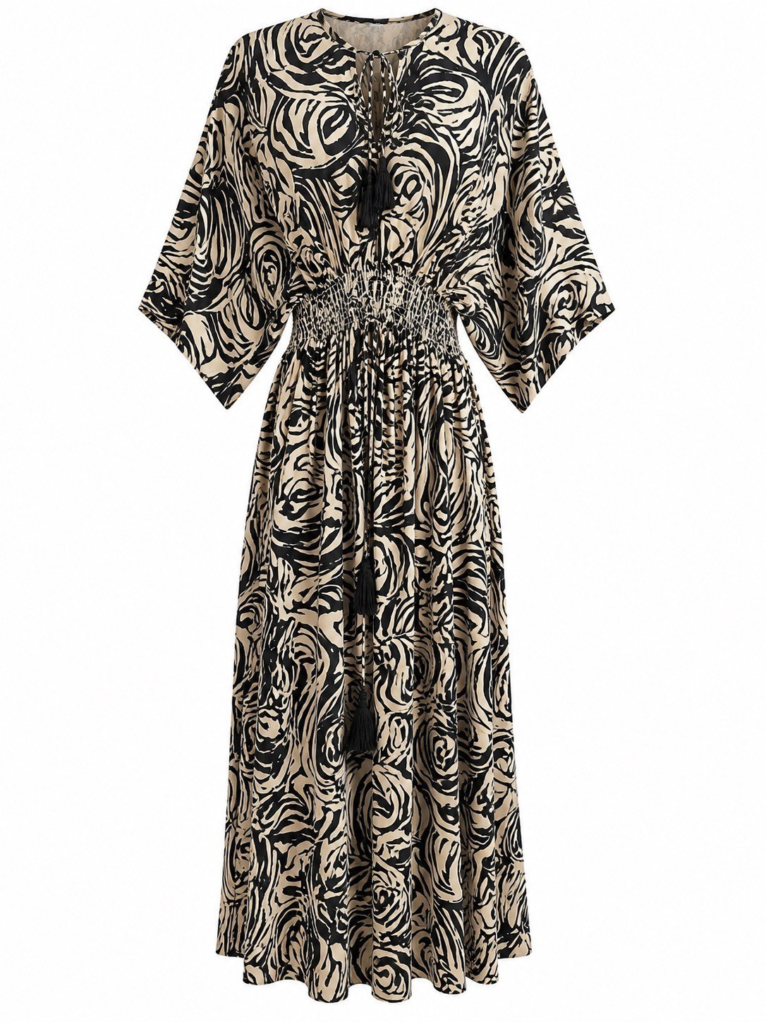 White Waves Black & Beige Abstract Print Maxi Dress L/XL 100% Art Silk