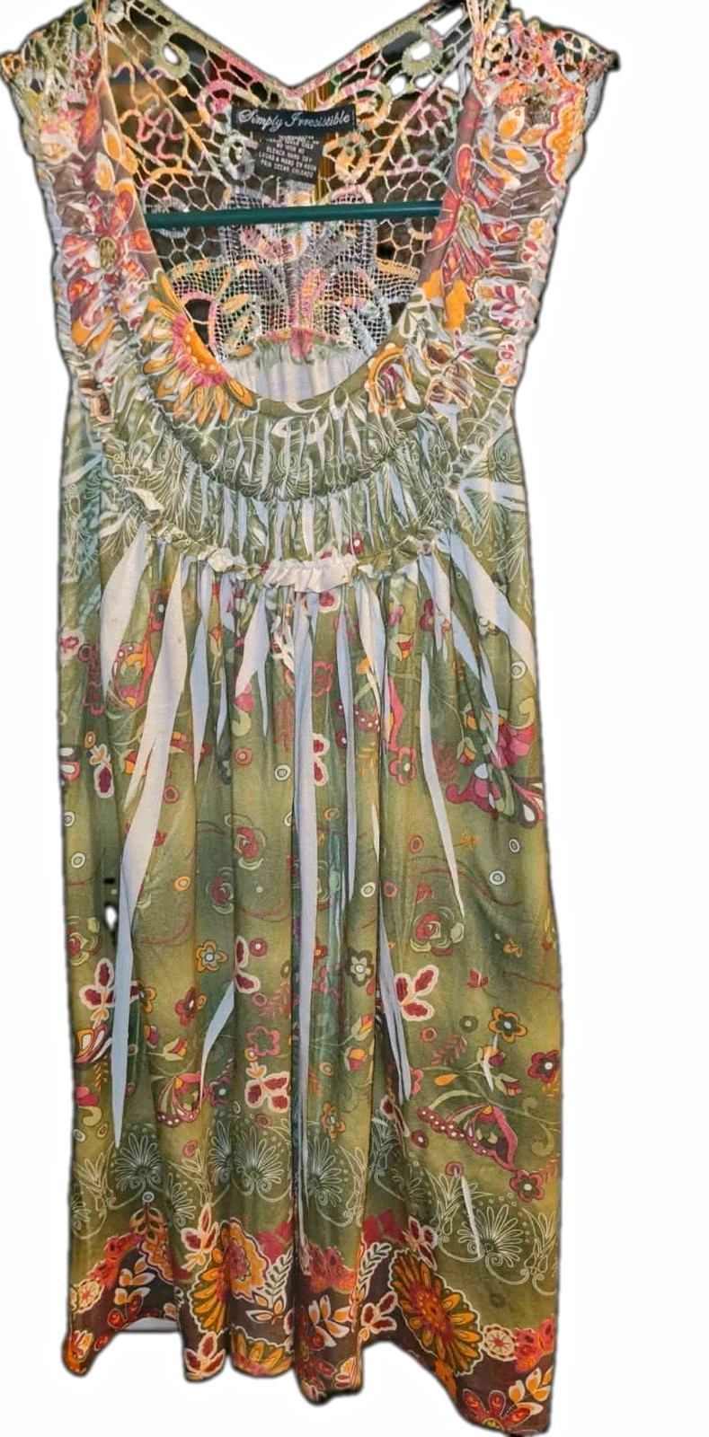 Simply Irresistible Floral Crochet Lace Sundress Green Pink White L Scoop Knee