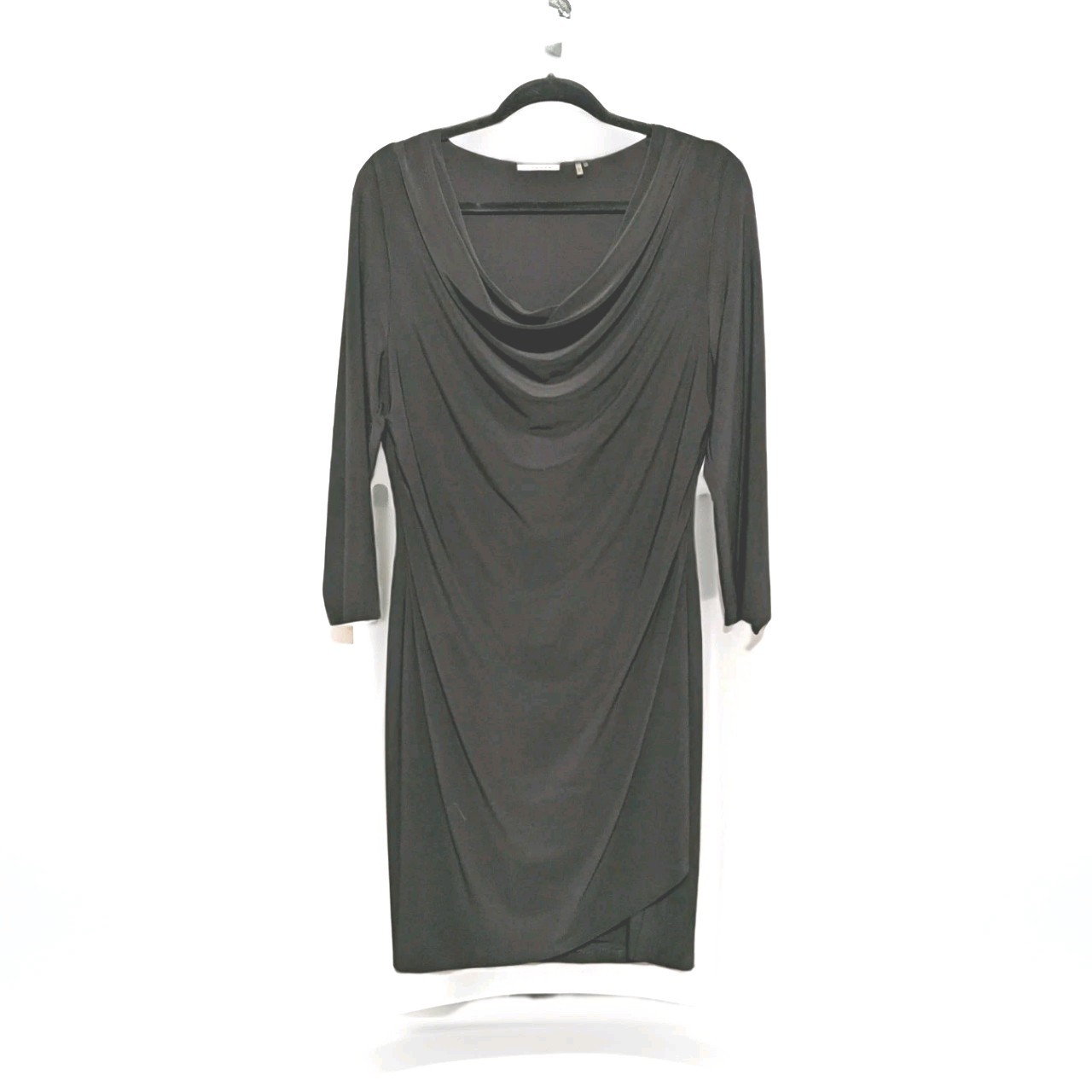 Tahari Cowl Neck Sheath Ruching Black Dress Classic Elegant Elevated Chic