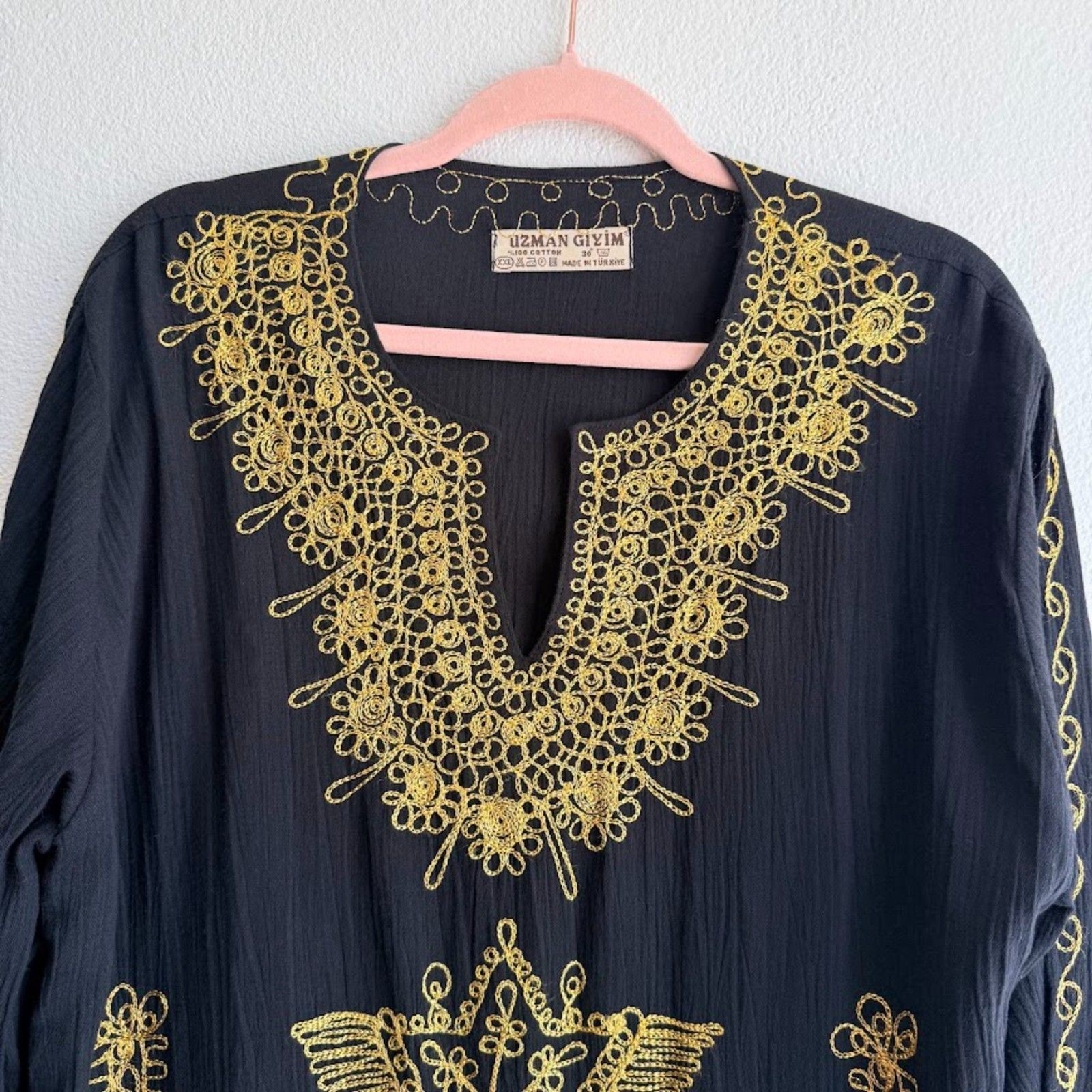 Uzman Giyim 100% Cotton Embroidered Kaftan in Black & Gold Embroidery size XXL