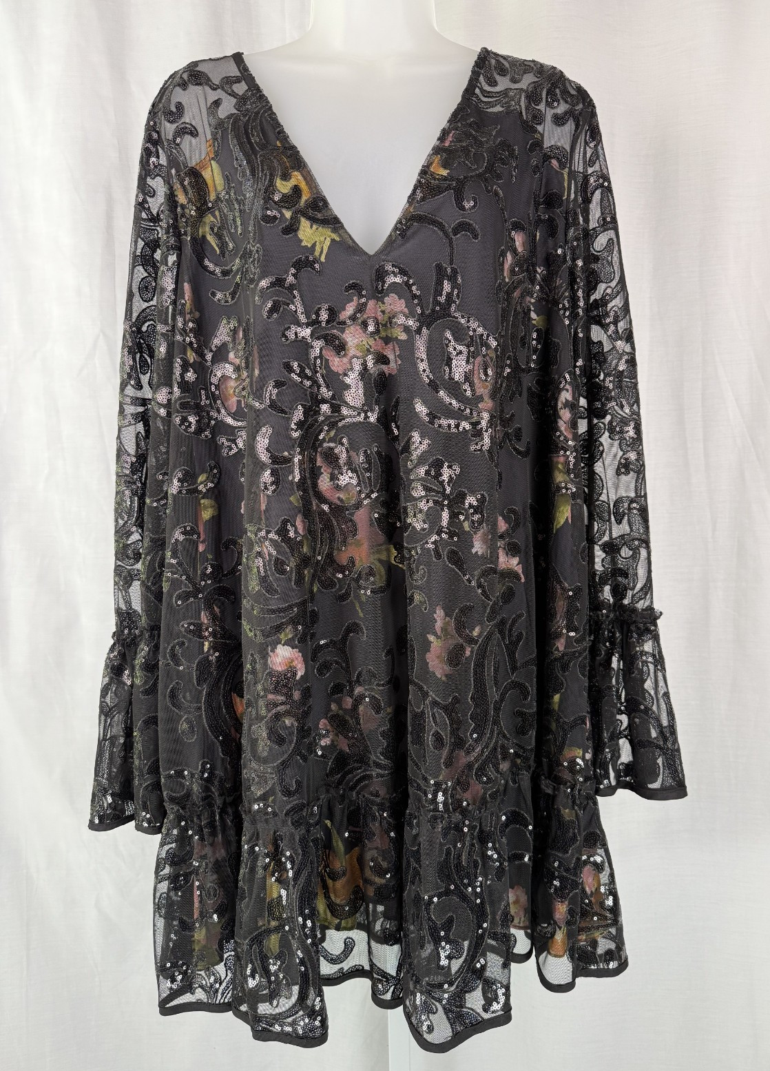 Free People Falling Flowers Embroidered Tulle Sequin Mini Dress Black Boho Large