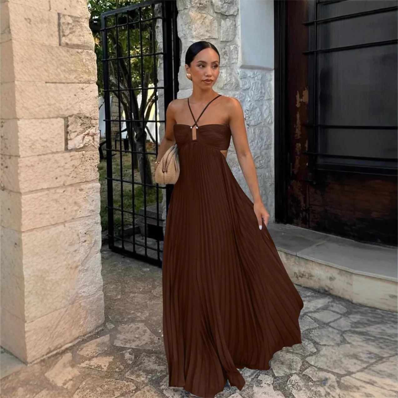 Pleated Halter Sling Dress | High Waist Club Party Dress Women
