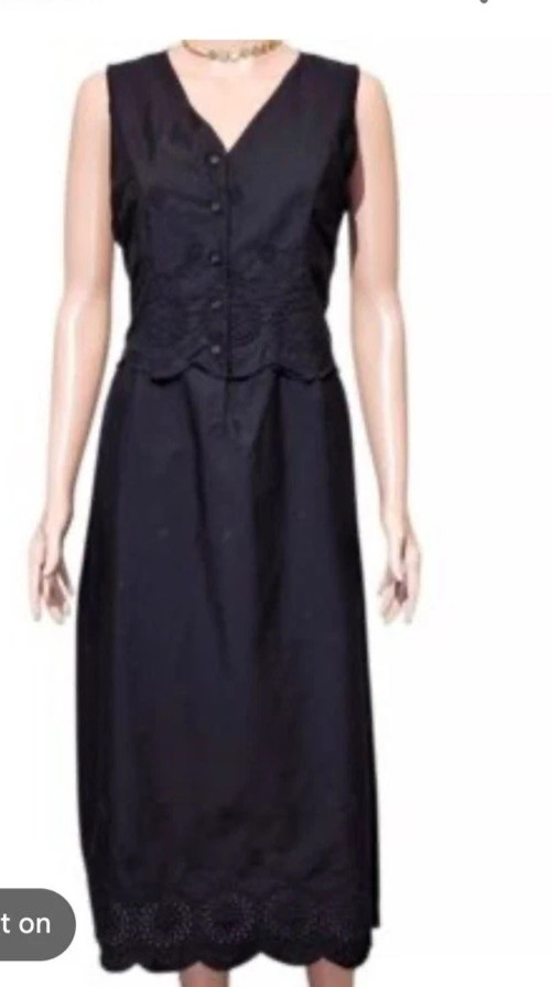 NEW Rachel Zoe Black Cotton Eyelet V-neck scalloped hem POCKETS Midi Dress Sz L