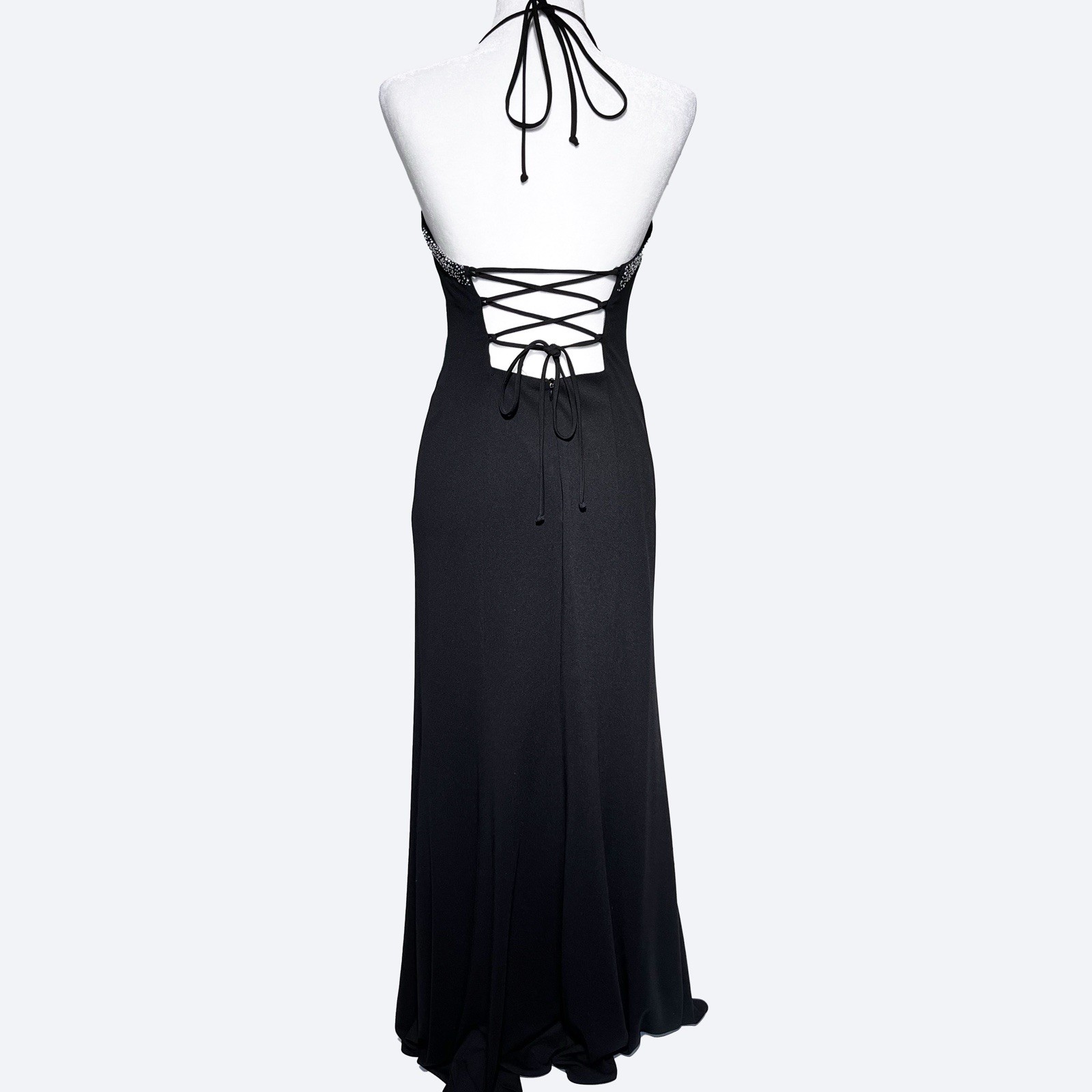 Vintage 90s Blondie Nites Black & Silver Bedazzle Halter Lace Up Back Maxi Dress