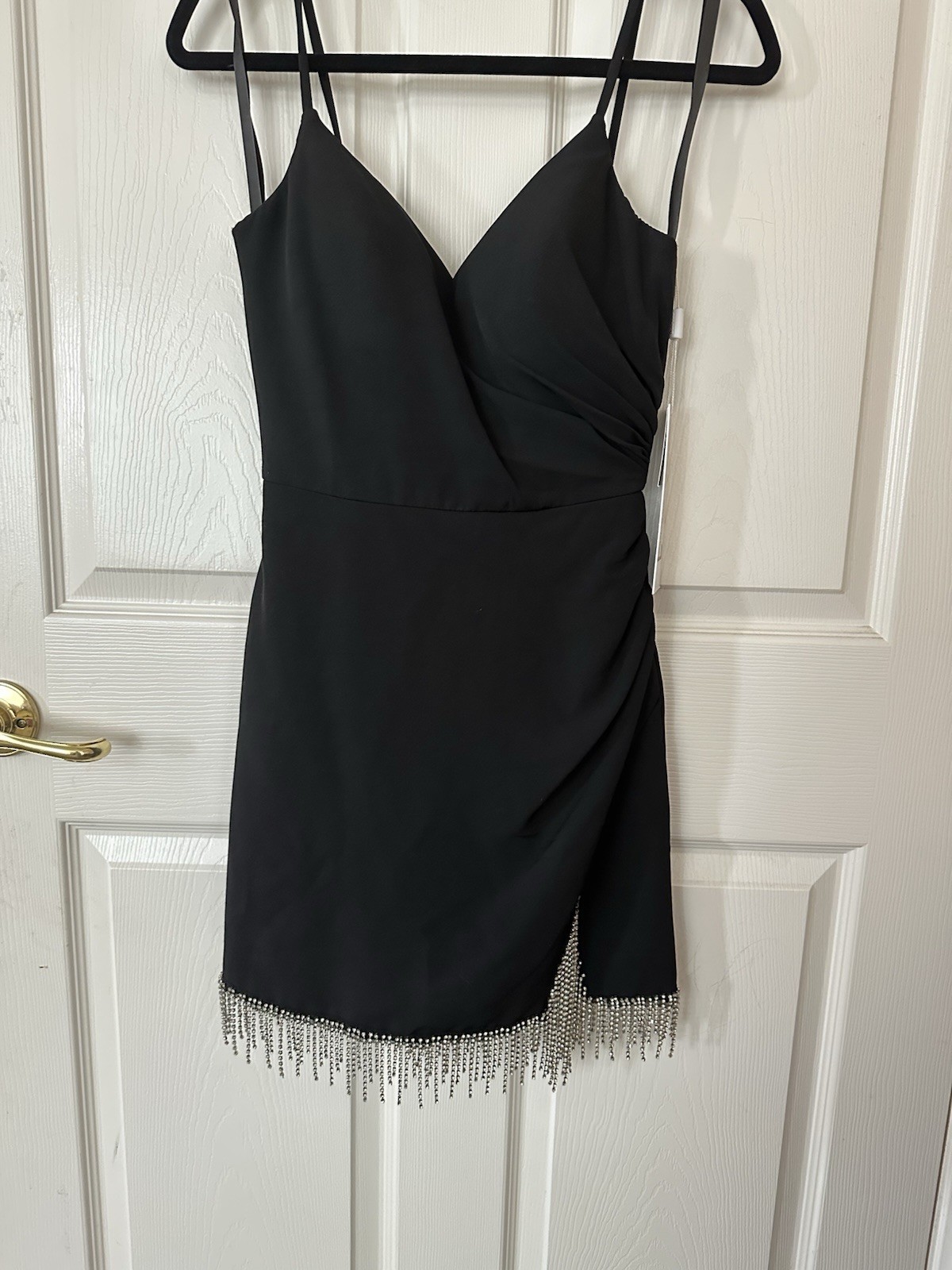 Colors Brand Black Strappy Cocktail Dress with Rhinestone Fringe Hem Size 4 NWT