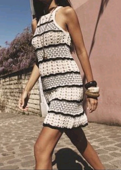 Zara Open Knit Crochet Sleeveless Mini Dress Black Cream Size S NWOT