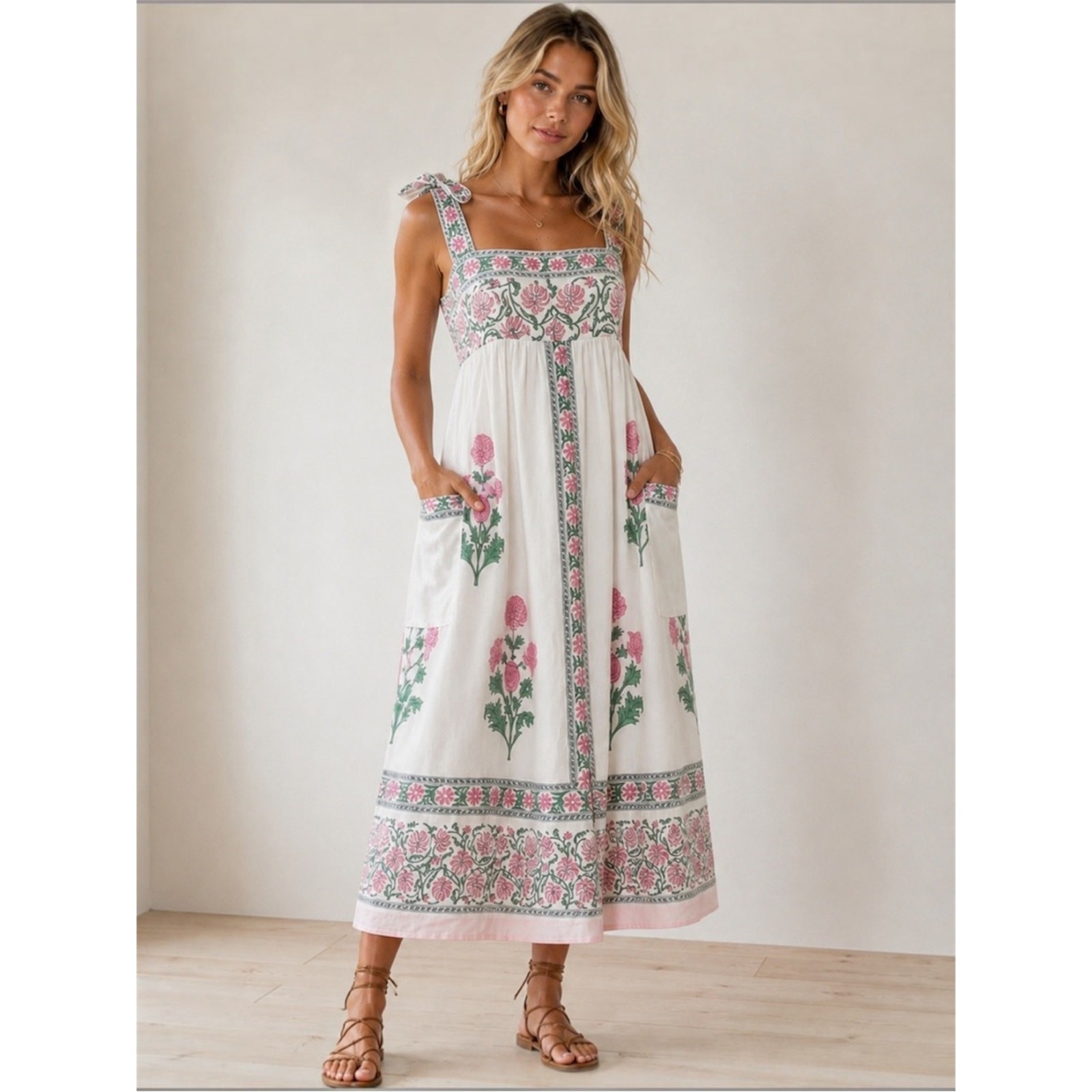 Juliet Dunn White Orchid Poppy Cotton Midi Dress | Prairie Cottagecore | Sz 6/8