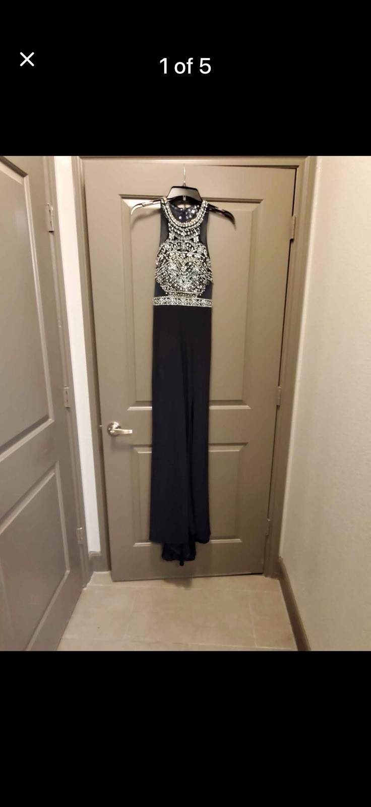Absolutely Exquisite Navy Blue Dress Features Multi Colored Jewels And Train XS