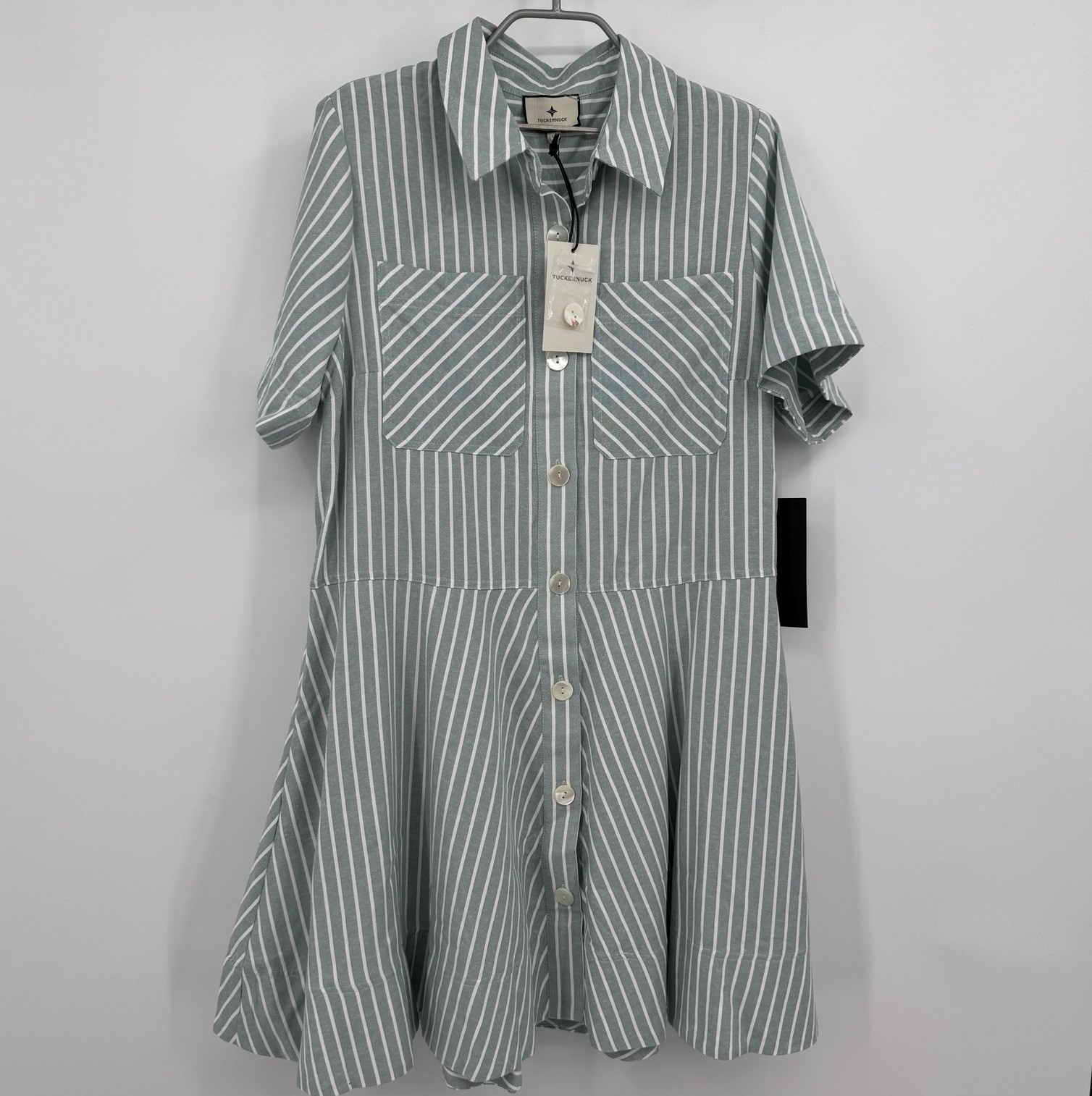 Tuckernuck Celadon Green Stripe Meryl Shirt Dress sz L NWT Fit-and-Flare Mini