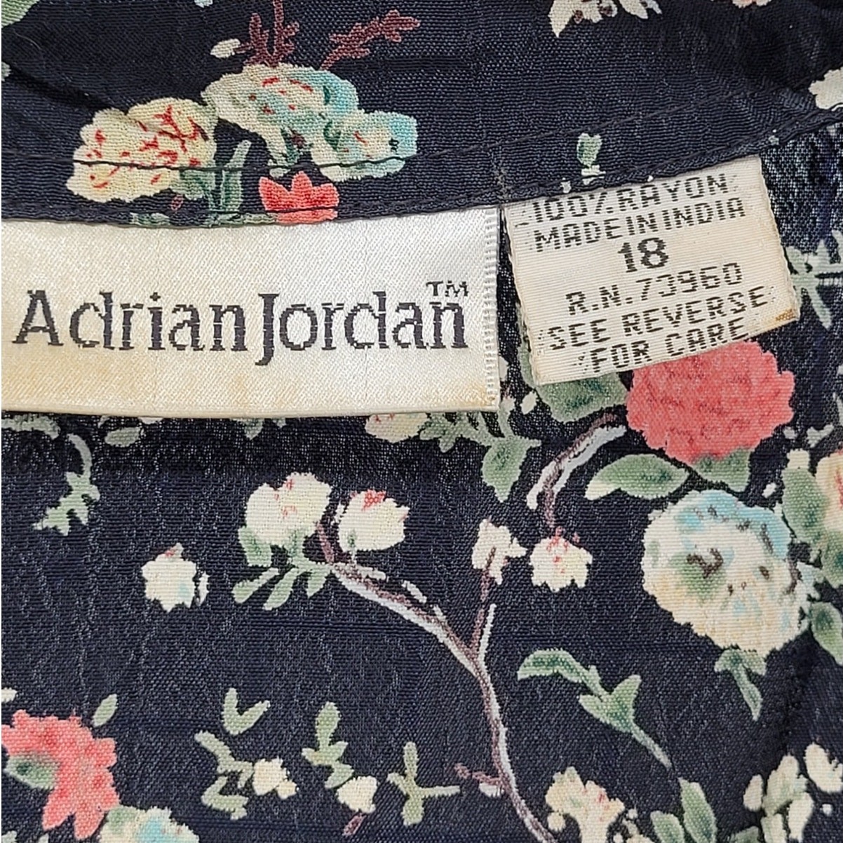 Adrian Jordan Vintage Black Floral Midi Dress Empire Waist Button Front Plus