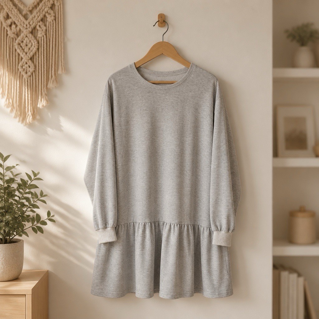 Gray Sweatshirt Dress Crewneck Ruffle Peplum Hem Long Sleeve Womens Medium NWOT