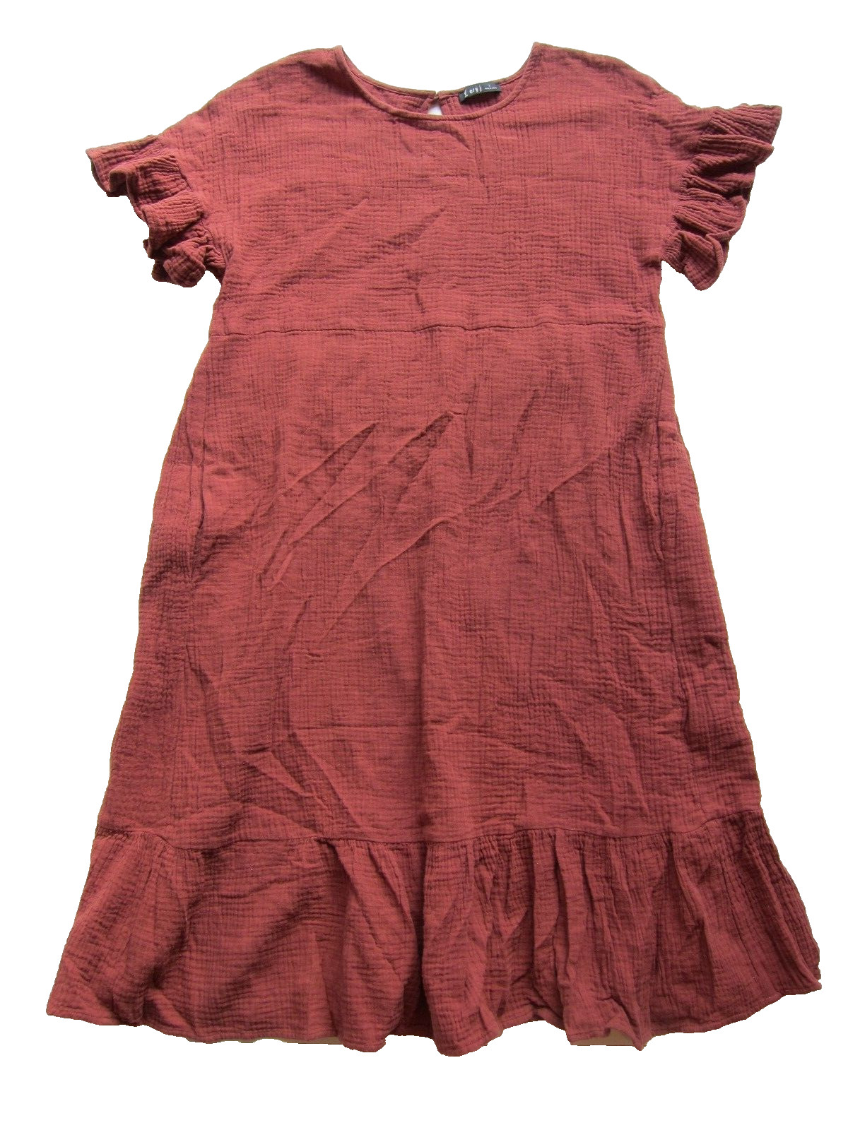 Very J Brown Cotton Gauze Short Sleeve Pocket Lagenlook Smock Tunic Dress Large