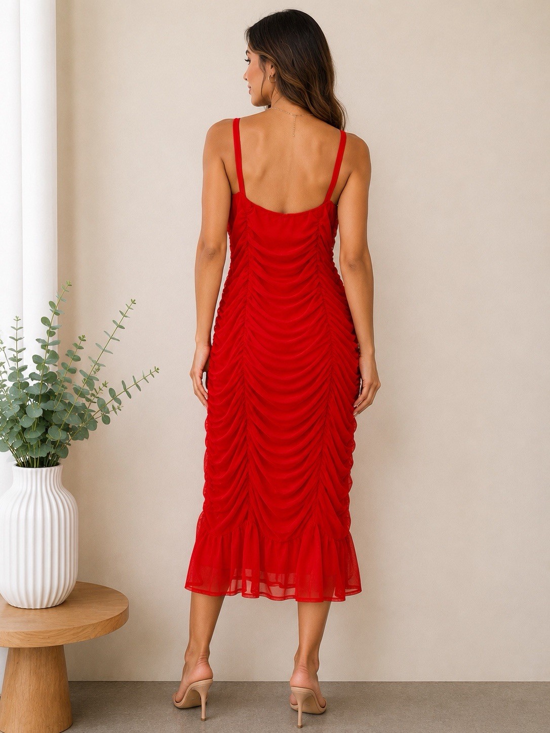 Free Press Red Ruched Mesh Bodycon Midi Dress Size L Sleeveless Party Club