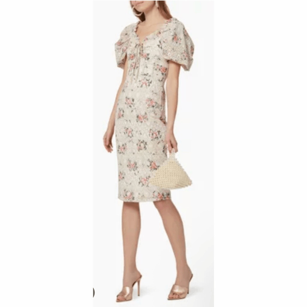 Lavish Alice Off Shoulder Floral Lace Midi Dress Puff Sleeve Corset Sz 6 NWT