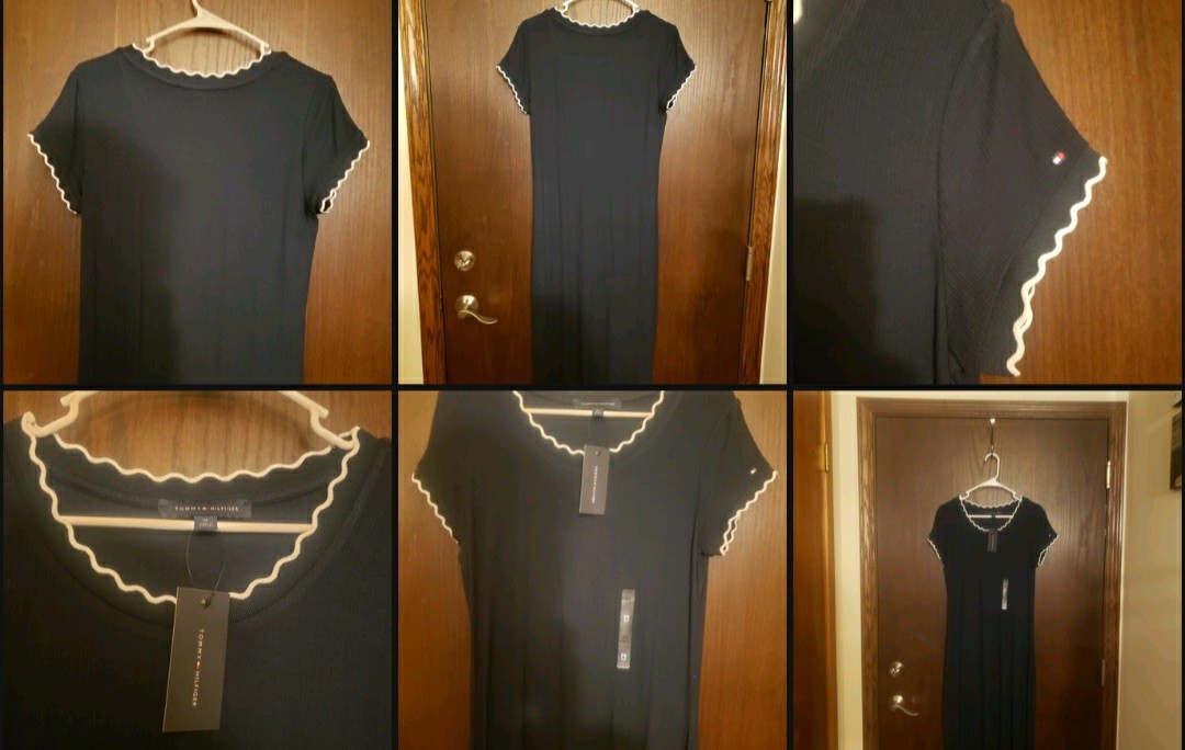 Tommy Hilfiger, Navy Midi T Shirt Dress, Knit Stretch w/Scalloped Trim, (M) NWT!