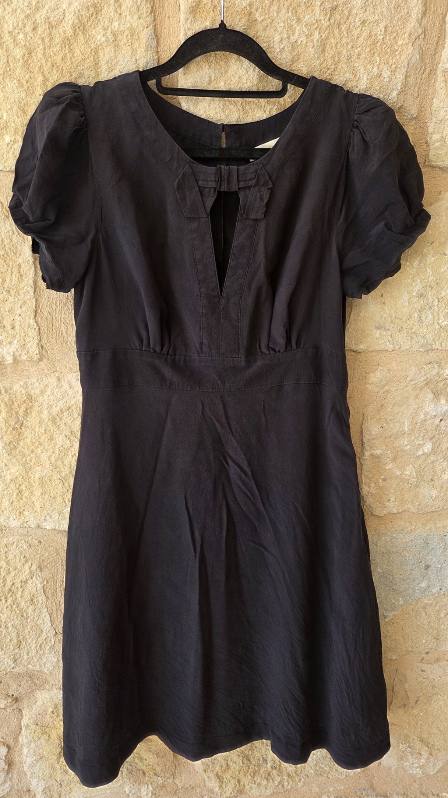 MONSOON 100% Silk Black Vintage Dress with Puff Sleeves