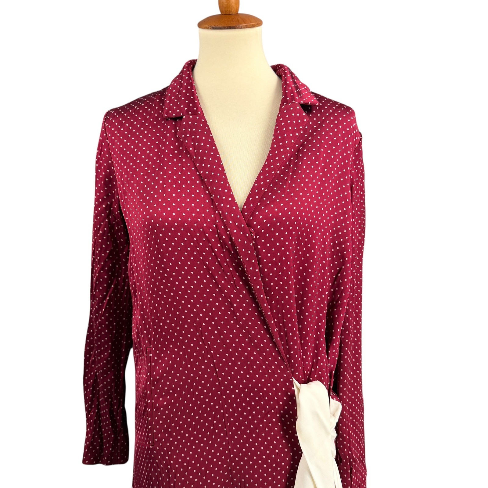 Thakoon Polka Dot Wrap Dress Burgundy White Silk Lined Long Sleeve Est Large