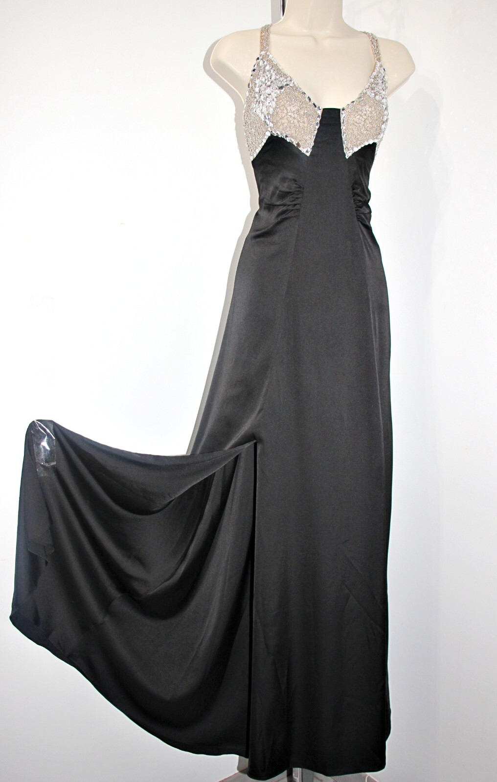 PatBO crystal-beaded side-high-slit open-back black satin gown sz 10 $995