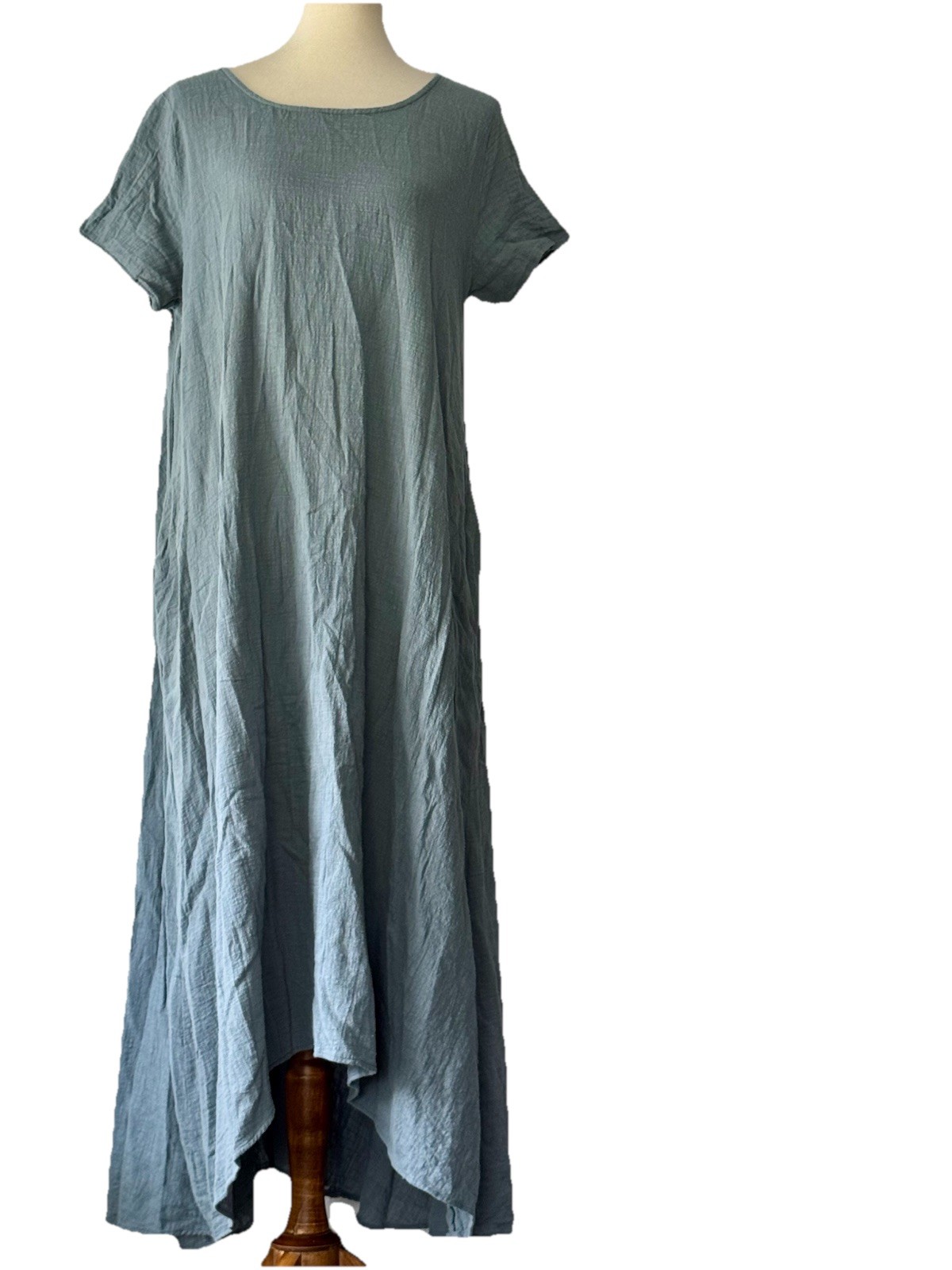 Love In Bohemian Rayon High Low Maxi Dress L Teal Crinkle Gauze Short Sleeve USA