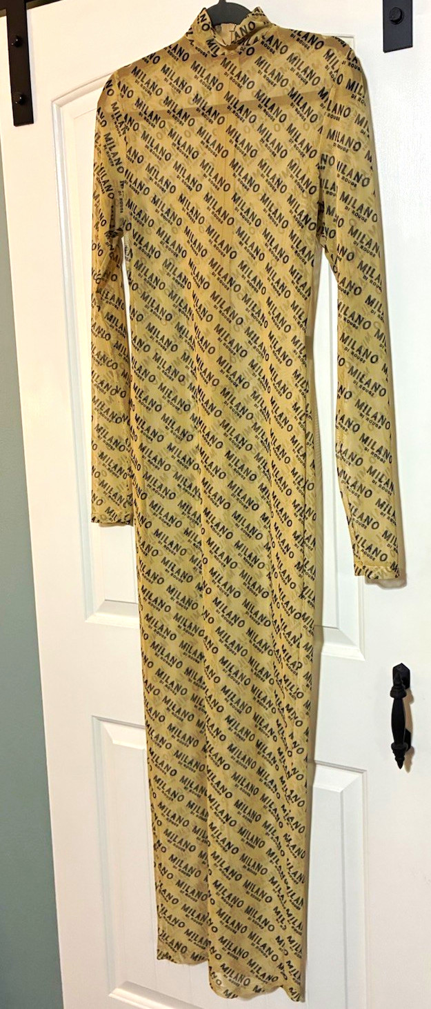 Milano Di Rouge Beige/Black Logo Mesh Stretch Maxi Dress XL Long Sleeve Zip