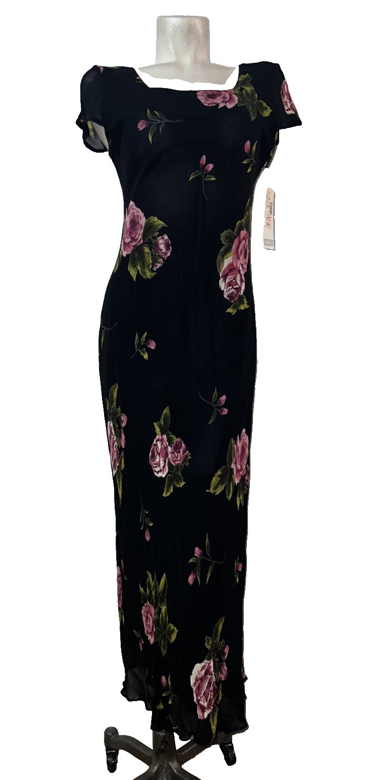 New Dress Barn Dress Size L Black Roses Floral Fairy Maxi Chiffon Whimsigoth