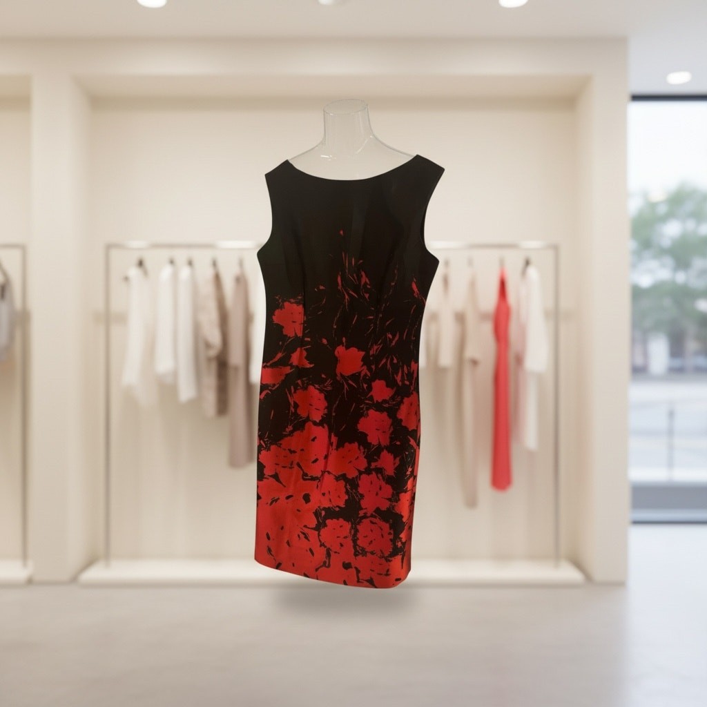 Silk sheath dress, Rickie Freeman for Teri Jon, black / red floral print, size 8