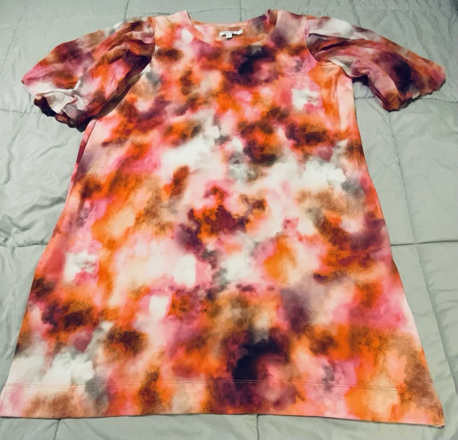 Chicos Shift Dress Size XL Watercolor Tye Die Pattern Puff Sleeves Pockets