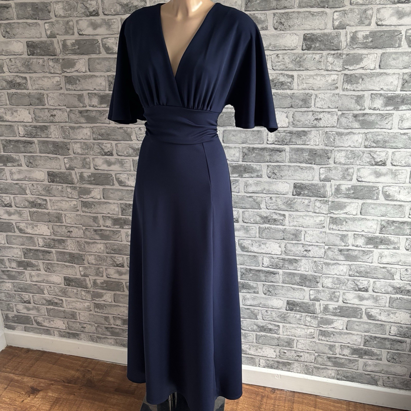 068 Navy Angel Sleeves Floaty Style Long Maxi Dress Size 18