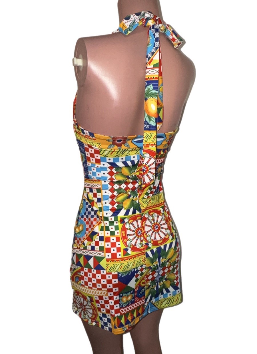 Luau Floral Patchwork Halter Mini Dress New S Vacay Going Out Beach Sundress