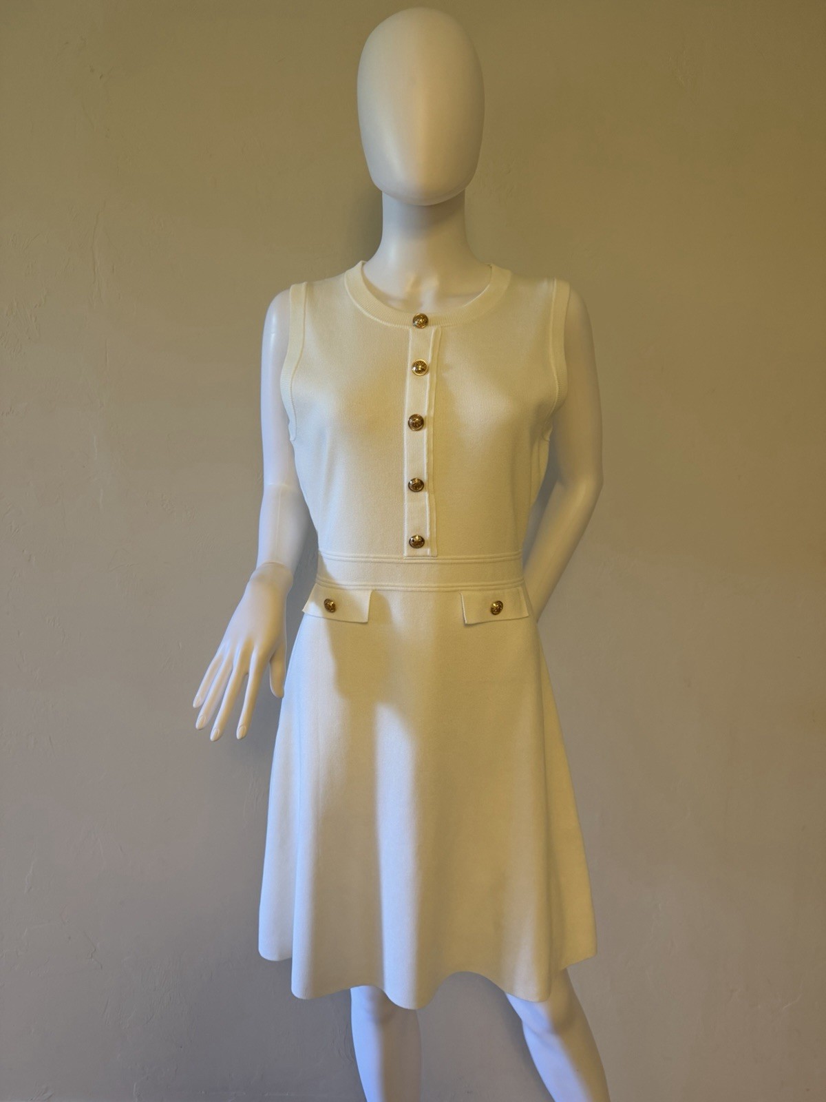 MEROKEETY Women’s White Knit Sleeveless Sweater Dress With Golden Buttons Size S