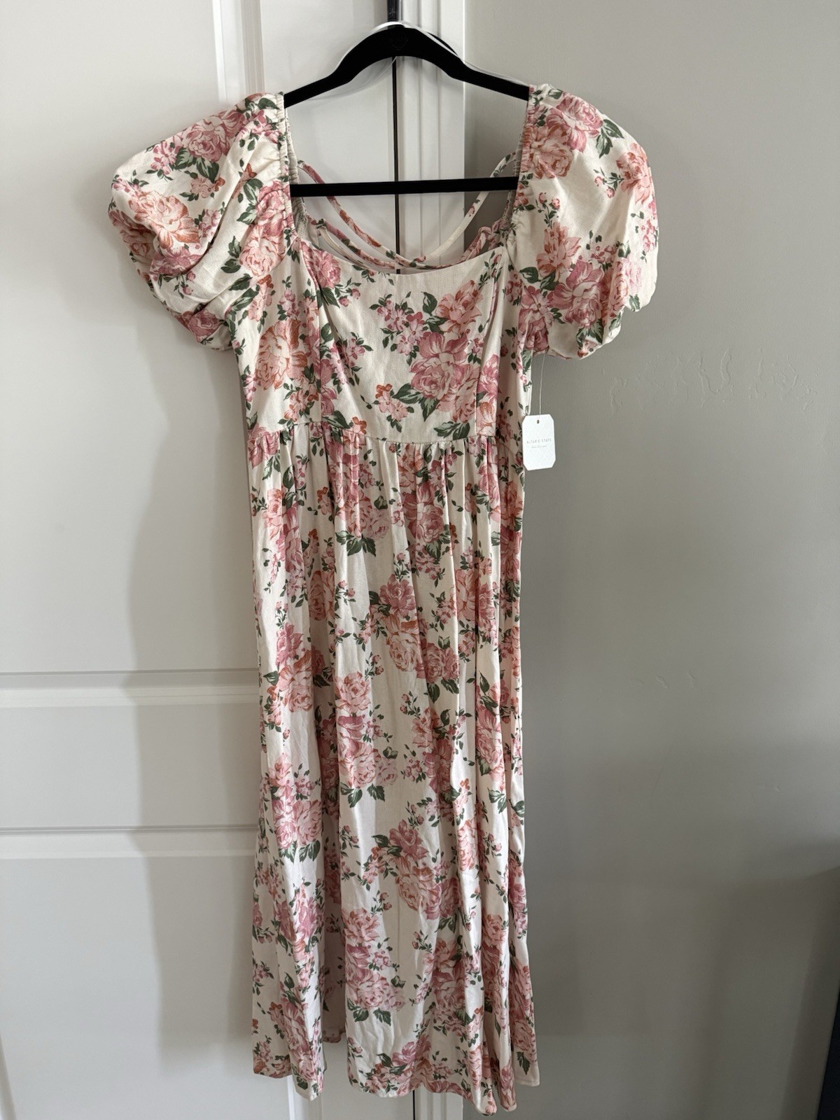 Altar’d State Pink Floral Puff Short Sleeve Square Neck Midi Dress, S, NWT